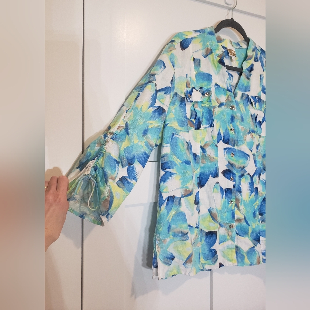 JM Collection Linen Button Down Shirt Front Pockets 3/4 Sleeves Sz 18 Blue Green - Picture 9 of 15